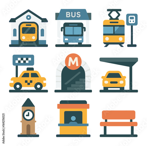 Transportation Hub Icons. Flat icon set of transportation hubs: train station, bus terminal, tram stop, taxi