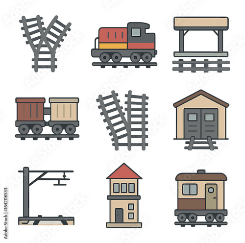 Rail Yard Icons. Flat icon set of rail yard aerials: track switches, train engine, cargo wagons, platform
