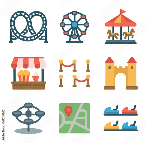 Amusement Park Icons. Flat icon set of amusement park aerials: roller coaster loops, ferris wheel, carousel,