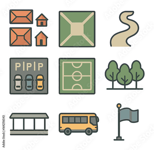Campus Icon Grid. Flat icon set of campus overview: building roofs, quad lawn, walk paths, parking lot, sports