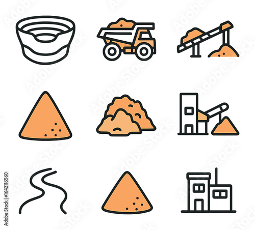 Mining Icons Set. Flat icon set of mining site overview: pit outline, haul trucks, conveyor belts, stockpile,