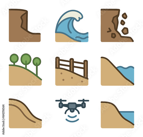 Coastline Erosion Icons. Flat icon set of coastline erosion: cliff edge, wave hit, rock fall, sand loss,