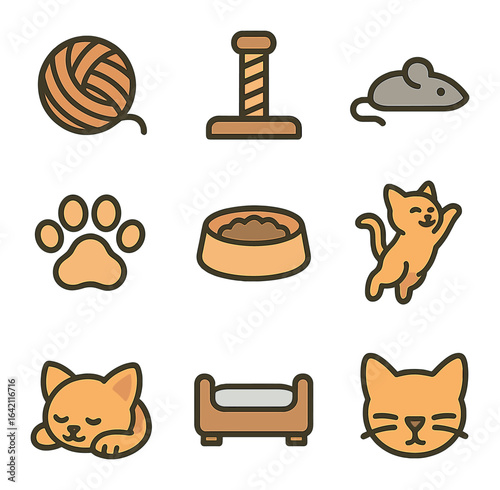 Playful Kitten Icons. Flat icon set of kitten playful moments: yarn ball, scratching post, toy mouse, kitten