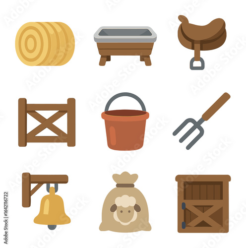 Barnyard Icons Grid. Flat icon set of barnyard life: hay bale, trough, saddle, farm gate, feed bucket,