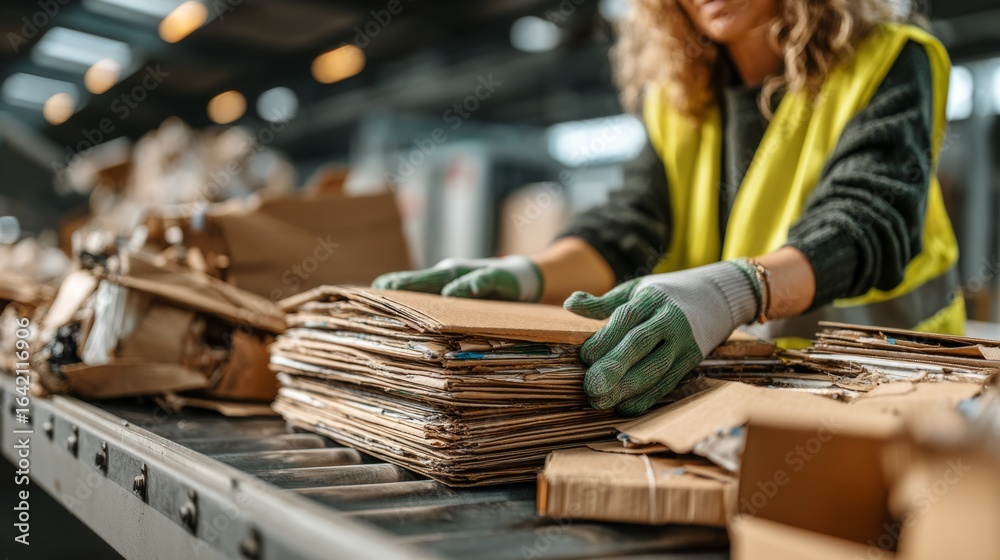 Obraz premium Woman Sorting Recyclable Materials at Modern Recycling Center – Eco-Friendly Lifestyle
