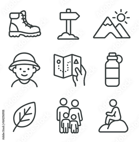 Family Hike Icons. Outline icon set of family hikes: hiking boot, trail marker, scenic peak, hat on child, map