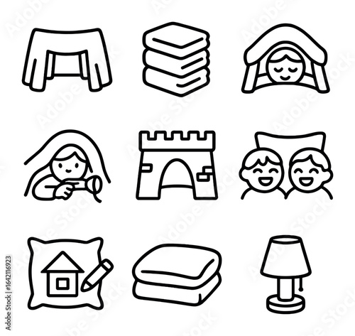 Pillow Fort Icon Set. Outline icon set of pillow forts: blanket drape, pillow stack, sleeping well, flashlight