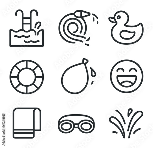 Water Fun Icons. Outline icon set of water fun: pool splash, garden hose, rubber duck, float ring, water