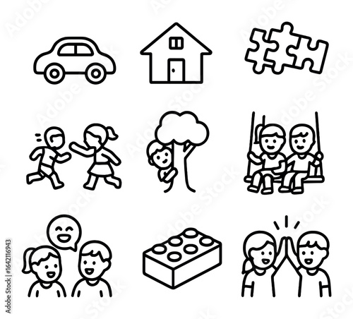 Siblings' Playtime Icons. Outline icon set of sibling playtime: toy car, dollhouse, puzzle pieces, tag run,