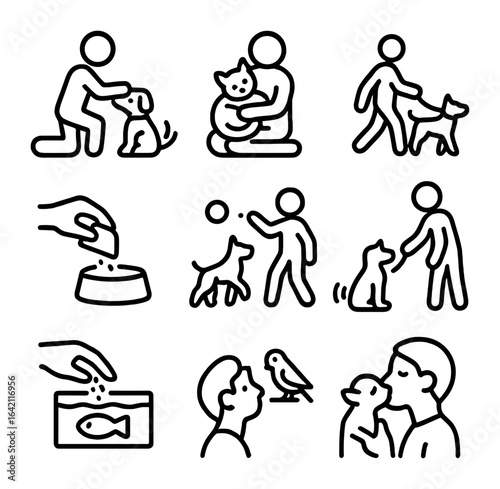 Pet Interaction Icons. Outline icon set of pet interactions: dog petting, cat cuddle, leash walk, food bowl