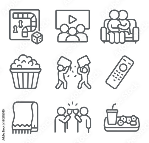 Indoor Family Fun. Outline icon set of indoor family fun: board game, movie night, couch cuddle, popcorn bowl,