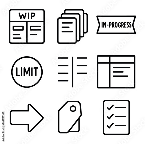 Work Progress Icons. Outline icon set of work-in-progress boards: WIP board, task card stack, in-progress