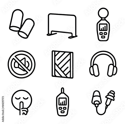 Noise Control Icons. Outline icon set of noise control accessories: foam earbuds, desk divider, sound meter,