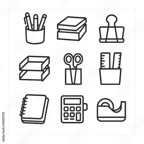 Stationery Icon Set. Outline icon set of stationery organization: pen holder, sticky pad stack, binder clip,