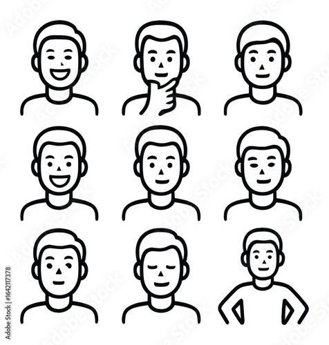 Portrait Emotions Icons. Outline icon set of portrait photography emotions: laughter icon, deep thought, calm