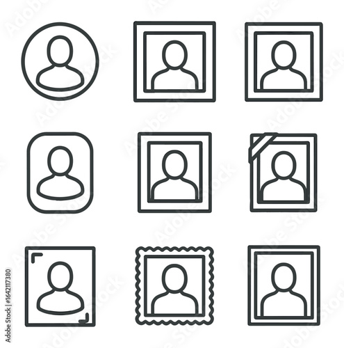 Portrait Framing Icons. Outline icon set of portrait framing styles: circle frame, square frame, rectangular