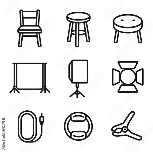 Studio Icon Set. Outline icon set of studio portrait props: chair, stool, stool cushion, backdrop stand,