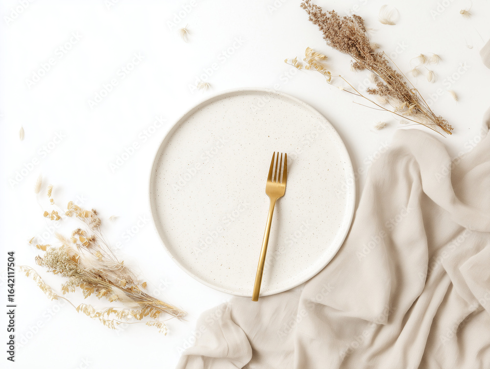 custom made wallpaper toronto digitalEmpty Speckled White Plate Gold Fork Beige Linen Napkin Dried Flowers Flatlay