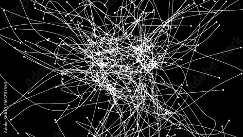 Vector linear abstract texture. White web on black background. Imitation of neural system. Lines and circles diverge chaotically from the center.