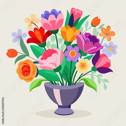 Elegant spring flower bouquet vector with vibrant petals and stylish vase isolated on white