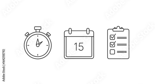 Three Minimalistic Icons Representing Time Management, Scheduling, and Task Organization in Monochrome