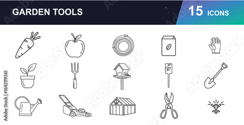 Gardening & Horticulture Tools Vector Icons. Featuring trowel, watering can, seeds, potted plants, shovel, rake, pruning shears, hose, wheelbarrow, and more. Modern line art for garden centers