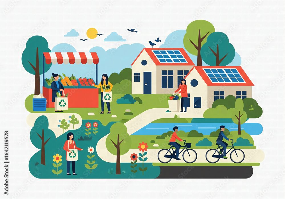 Fototapeta premium Eco-friendly neighborhood illustration with people buying from a local market, cycling and using reusable bags with houses having solar panels