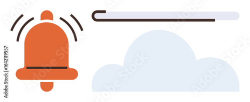 Red notification bell alerting, light progress bar indicating activity, and cloud signifying data sync or storage. Ideal for technology, alerts, progress, cloud computing, updates, notifications