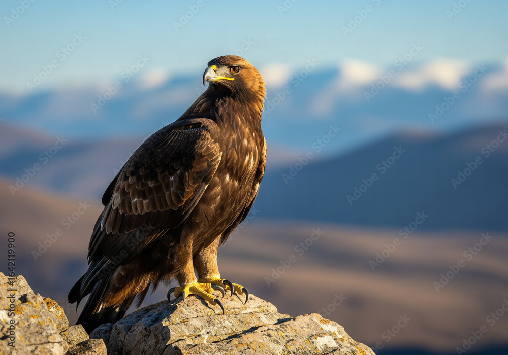 Fototapeta premium Golden eagle standing on a rock against a stunning backdrop of mountains and a clear sky, an impressive view of a wild predator