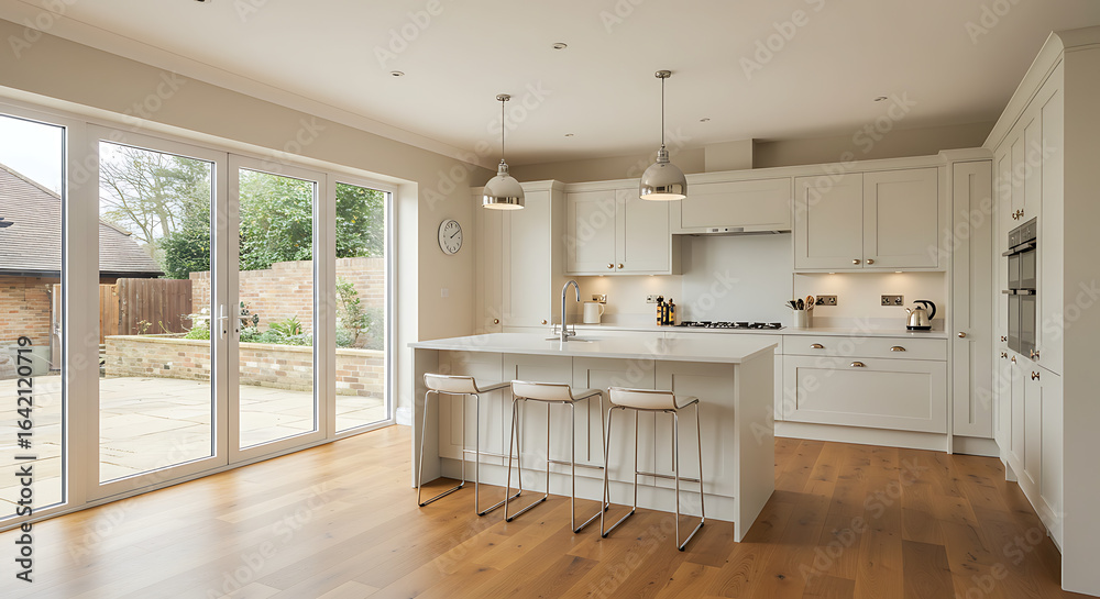 Modern neutral kitchen with island and patio doors