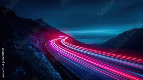 Night Highway with Blurred Light Trails, Modern Transportation and Futuristic Road Concepts