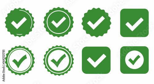 Collection of Green Check Mark Verification Icons and Symbols Representing Approval Confirmation and Success in Various Circular and Square Designs