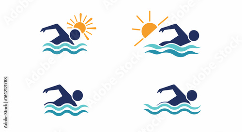 Enjoy Swimming in the Sun Collection of Icons Representing a Person Swimming Through Waves with a Bright Sun Overhead Perfect for Summer Activities and Sports