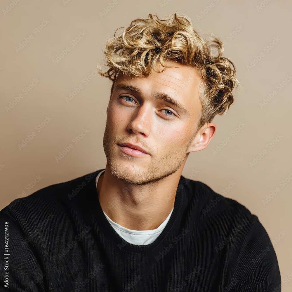Fototapeta premium Portrait of blond male model with curly hair posing in studio