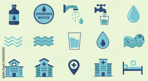 Visual Icons Representing Clean Drinking Water Health Services and Medical Facilities for Public Health Awareness Campaigns
