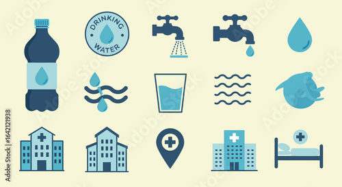Icons representing clean drinking water accessibility and healthcare services for communities