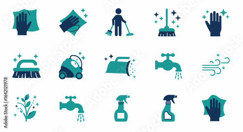 Collection of Modern Flat Design Icons Representing Cleaning and Hygiene Related Tasks and Tools for Household Chores and Professional Services