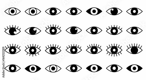 Collection of stylized eye illustrations in black and white featuring varied pupil shapes and eyelid designs offering a diverse visual representation of sight and perception