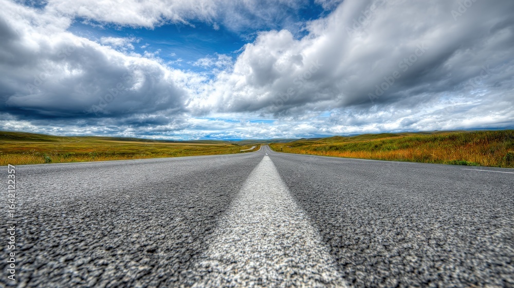 Naklejka premium Open Road Journey: Asphalt Highway Under a Dramatic Sky, Exploring Travel and Adventure Destinations