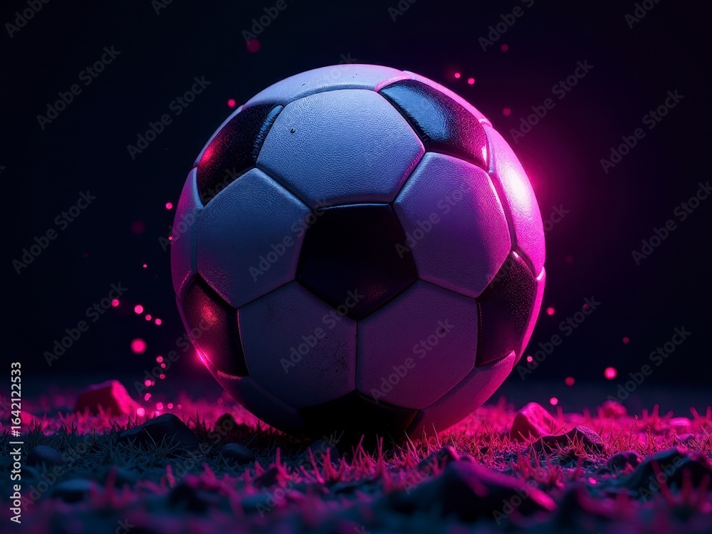 Naklejka premium A soccer ball rests on grass under vibrant neon lighting, highlighting the sports dynamic energy.