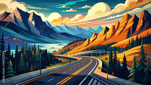 Endless Canadian wilderness reveals a majestic highway journey through breathtaking landscapes, winding roads, untamed nature, picturesque scenery, serene mountains, lush forests, and a dramatic sky p