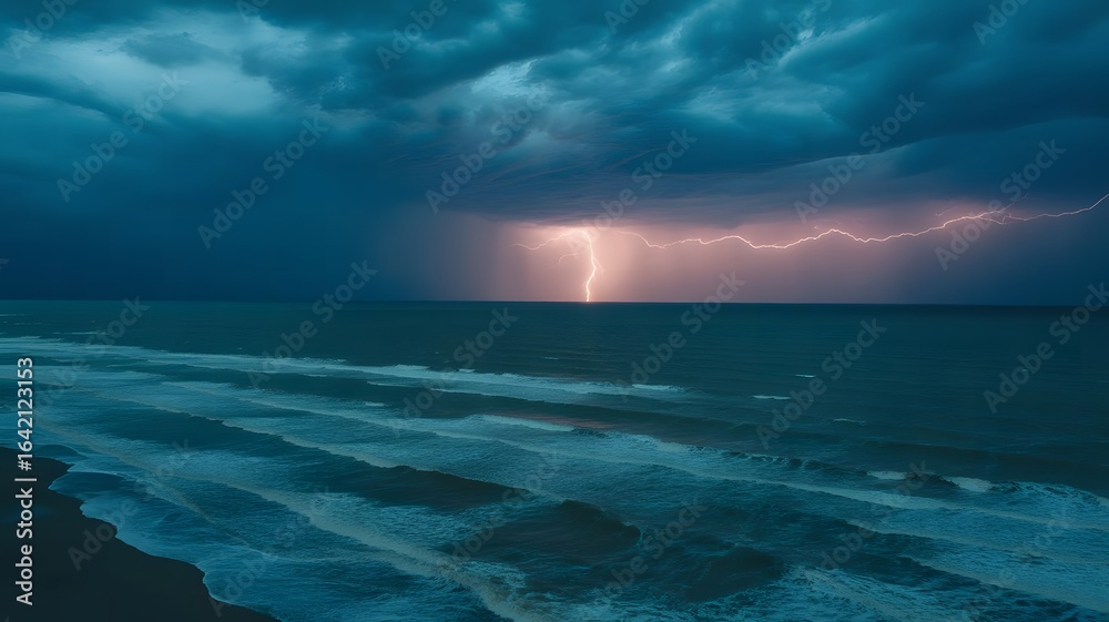 Fototapeta premium Coastal Tempest A Single Lightning Strike Illuminates a Moody Horizon, Nature's Fury at Dusk A Storm Brews Over the Ocean, Dramatic Coastal Storm with Pink and Purple Sky, Ocean's Edge A Lone Bolt