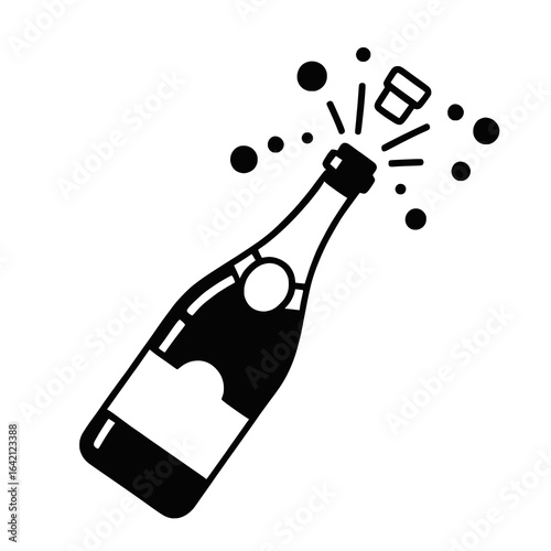 Celebration popping Champagne bottle, cork flying party icon logo