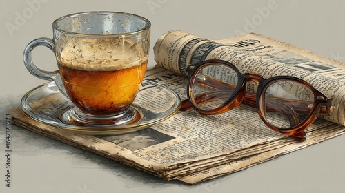Teacup Resting Beside Glasses on a Worn Newspaper
