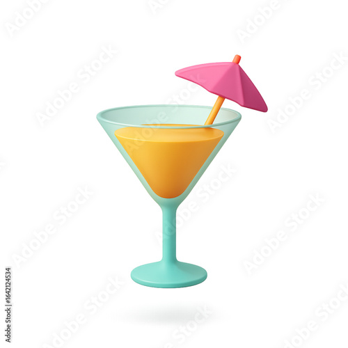 3d martini cocktail with pink umbrella isolated on transparent background