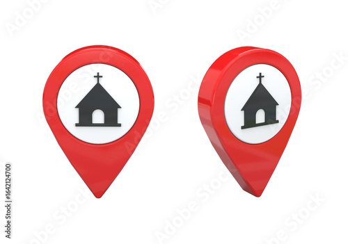 Map pointer icon with church on transparent background