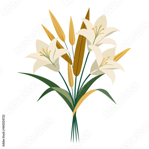 Minimalist Bouquet of White Lilies and Wheat Stalks St. Joseph’s Day Vector Illustration