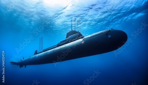 underwater military submarine cruising silently in deep blue ocean depths