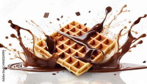 waffles with chocolate splash on white background