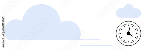 Blue cloud with speed streaks next to a round analog clock. Ideal for time efficiency, cloud storage, data transfer, connectivity, productivity, technology, simple flat metaphor